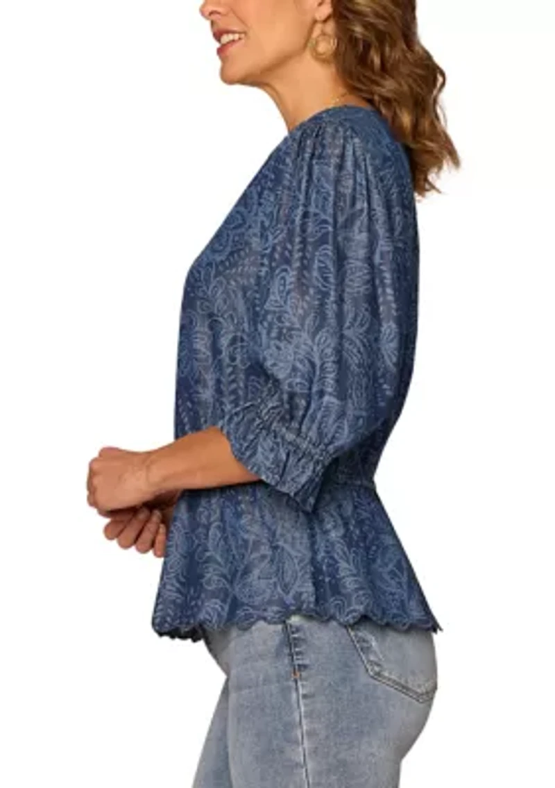 Women's Elbow Blouson Sleeve Top with Flutter Hem