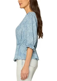 Women's Elbow Blouson Sleeve Top with Flutter Hem