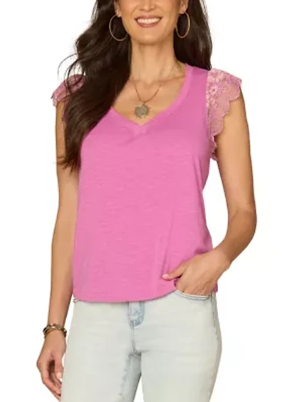 Women's Short Sleeve Lace Flutter Top with Shirttail Hem