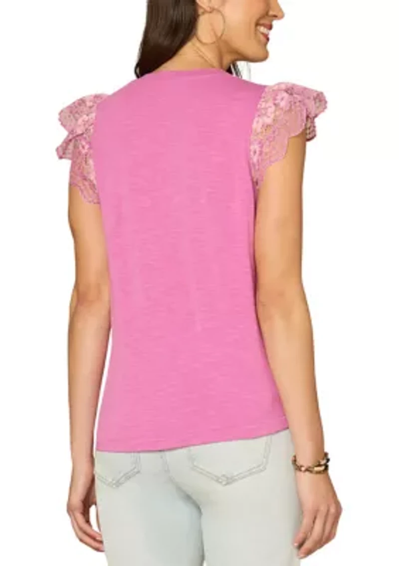 Women's Short Sleeve Lace Flutter Top with Shirttail Hem