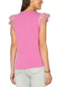 Women's Short Sleeve Lace Flutter Top with Shirttail Hem