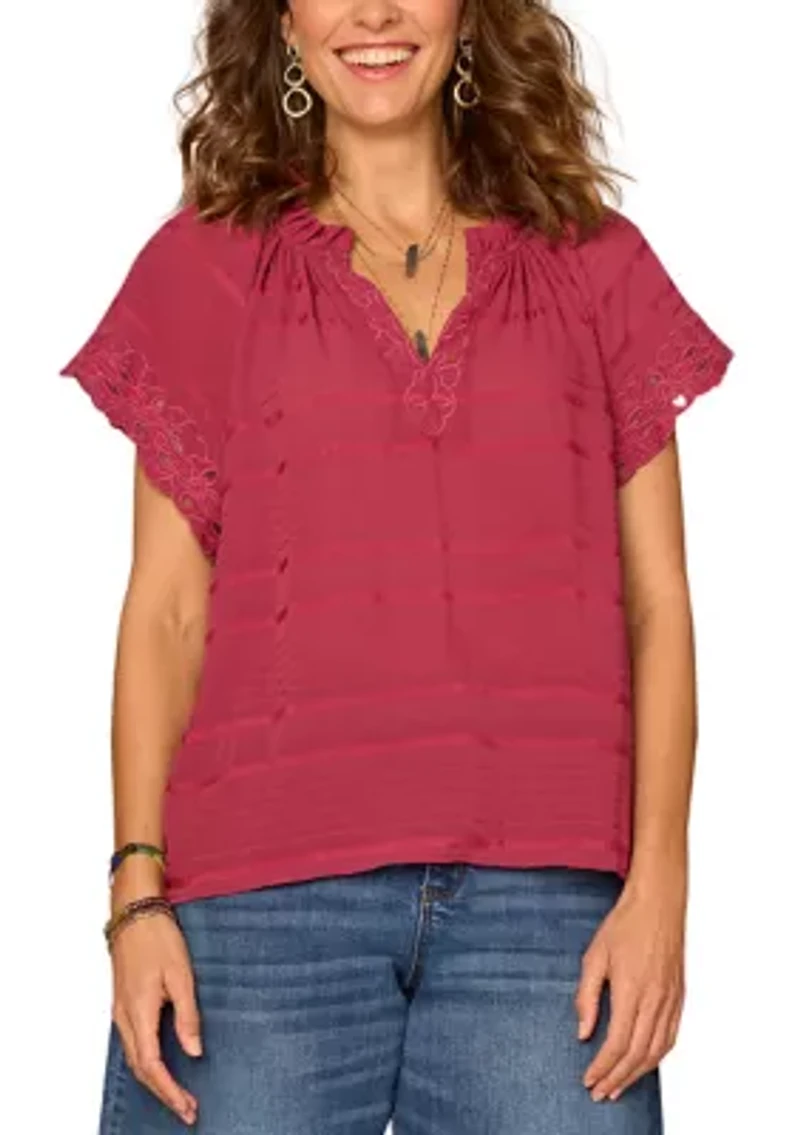 Women's Short Sleeve Ruffle Split Neck Woven T-Shirt