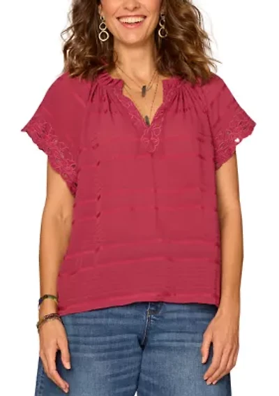 Women's Short Sleeve Ruffle Split Neck Woven T-Shirt