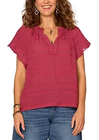 Women's Short Sleeve Ruffle Split Neck Woven T-Shirt