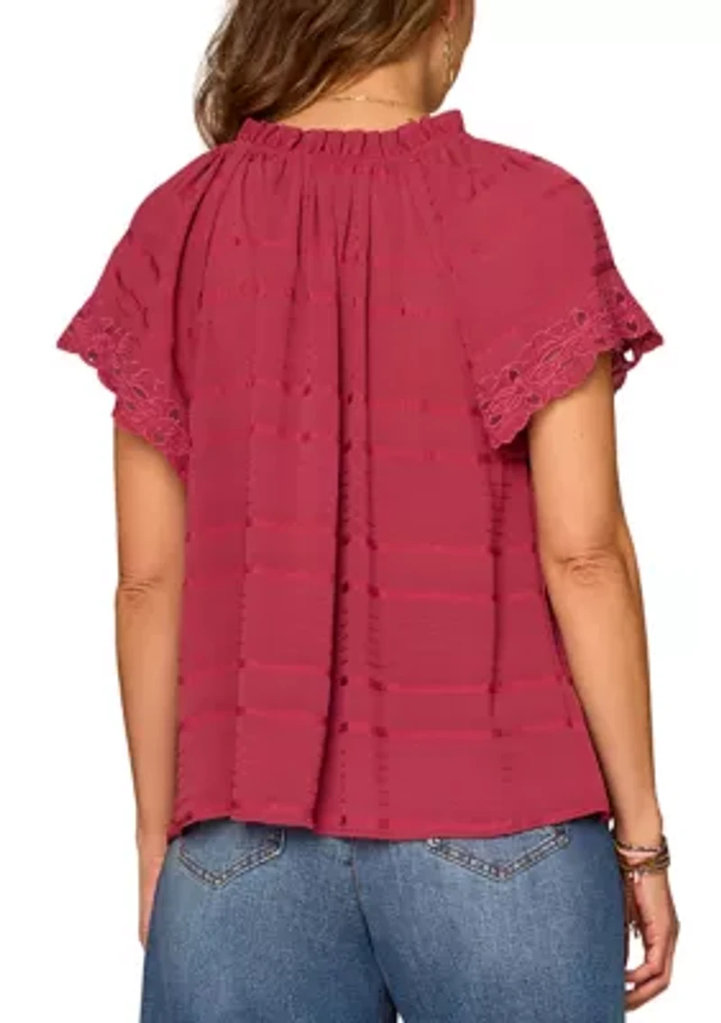 Women's Short Sleeve Ruffle Split Neck Woven T-Shirt