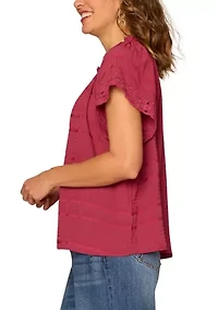 Women's Short Sleeve Ruffle Split Neck Woven T-Shirt