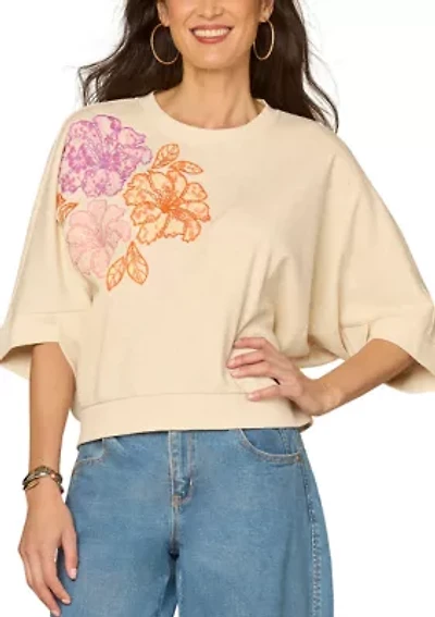 Women's Three-Quarter Sleeve Top with Embroidered Detail