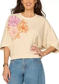 Women's Three-Quarter Sleeve Top with Embroidered Detail