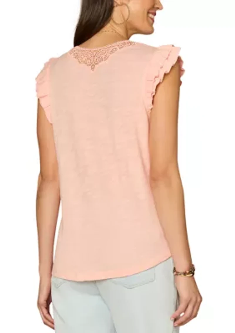 Women's Double Ruffle Cap Sleeve V-Neck Knit Top