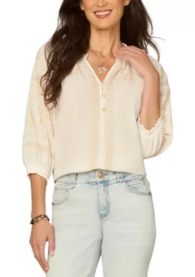 Women's Three-Quarter Sleeve Embroidered Top