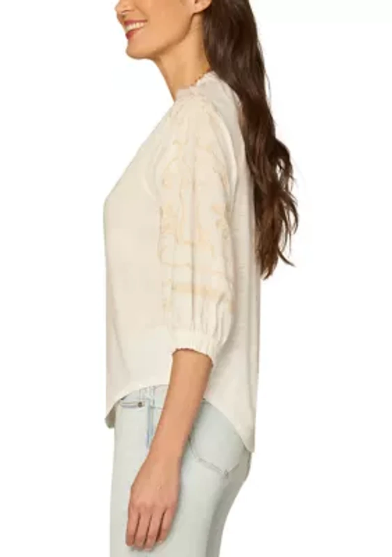 Women's Three-Quarter Sleeve Embroidered Top
