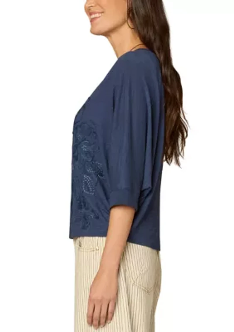 Women's Dolman Sleeve Top with Embroidered Detail