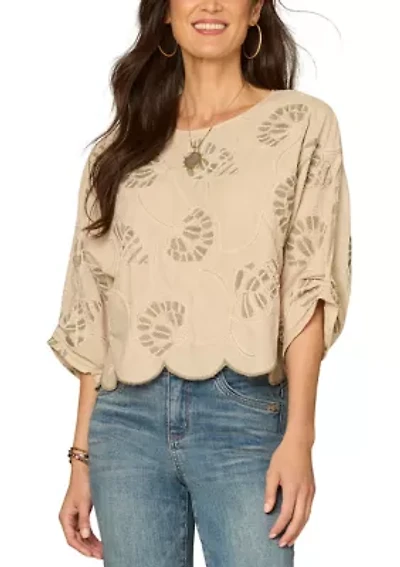 Women's Three-Quarter Sleeve Scalloped Hem Top