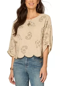 Women's Three-Quarter Sleeve Scalloped Hem Top