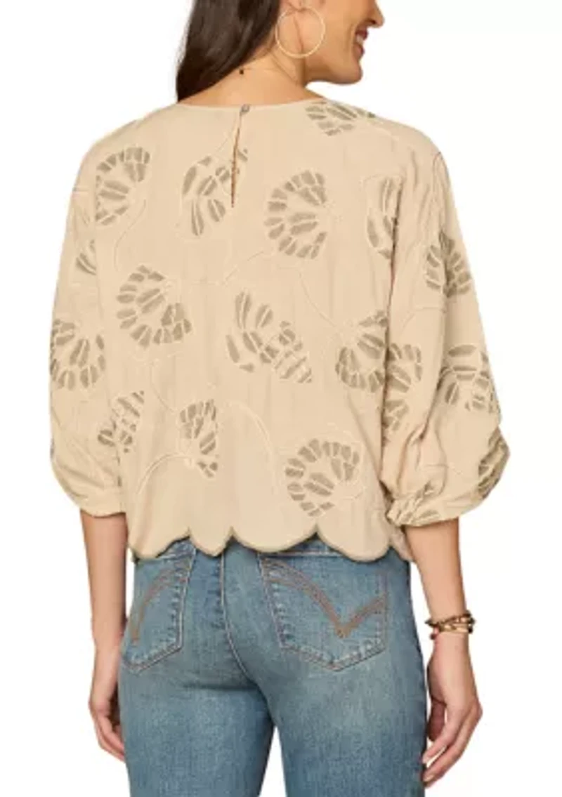 Women's Three-Quarter Sleeve Scalloped Hem Top