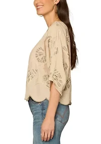 Women's Three-Quarter Sleeve Scalloped Hem Top