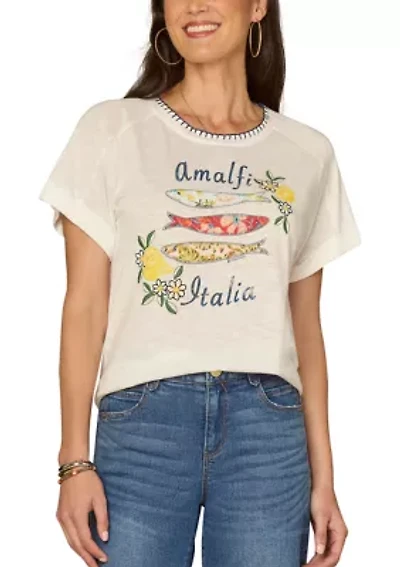 Women's Short Sleeve Embroidered Scoop Neck Top