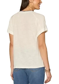 Women's Short Sleeve Embroidered Scoop Neck Top