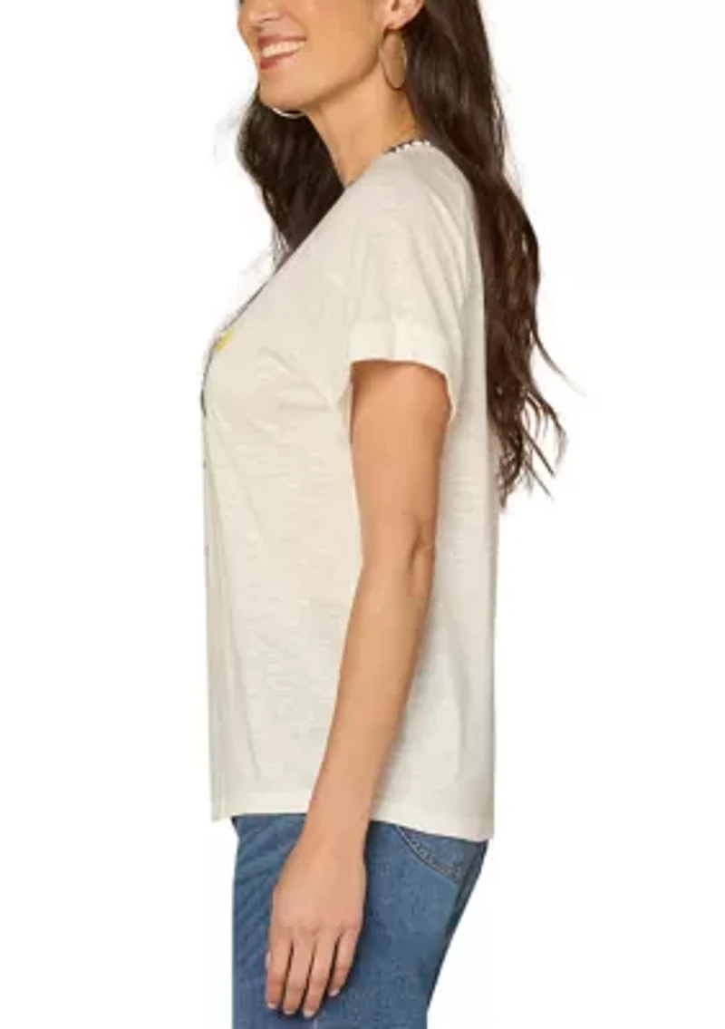 Women's Short Sleeve Embroidered Scoop Neck Top