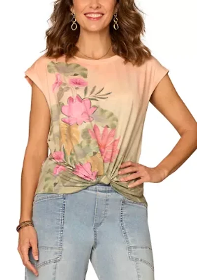 Women's Short Sleeve Watercolor Lily Knot Hem Shirt