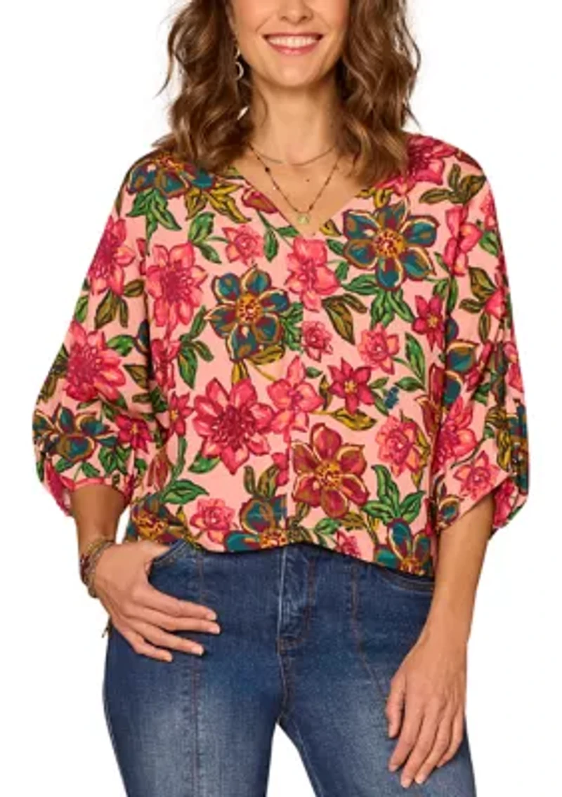 Women's Kimono Sleeve Floral Printed V-Neck Top