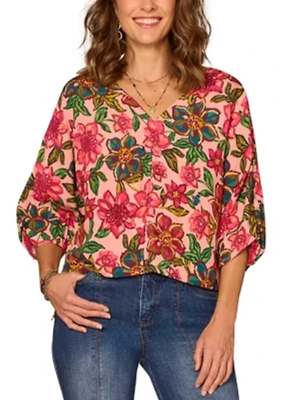 Women's Kimono Sleeve Floral Printed V-Neck Top