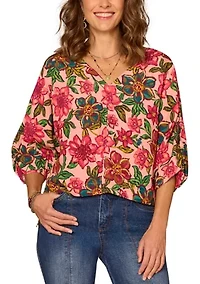 Women's Kimono Sleeve Floral Printed V-Neck Top