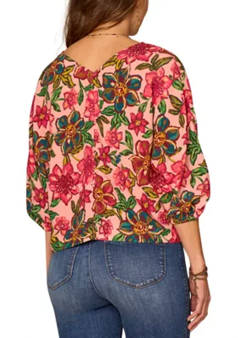 Women's Kimono Sleeve Floral Printed V-Neck Top