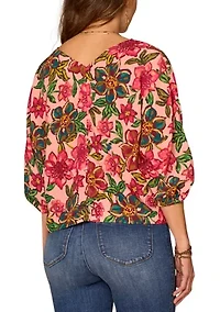Women's Kimono Sleeve Floral Printed V-Neck Top