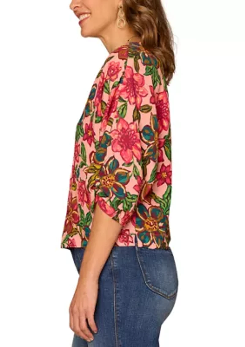 Women's Kimono Sleeve Floral Printed V-Neck Top