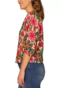 Women's Kimono Sleeve Floral Printed V-Neck Top