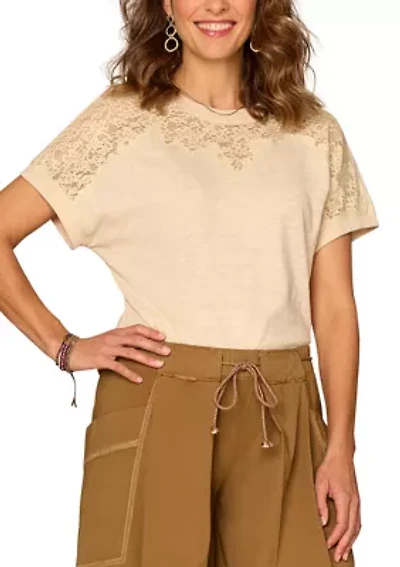 Women's Short Sleeve Scoop Neck Mixed Media Knit Top