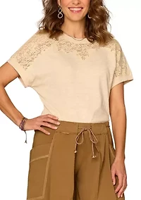 Women's Short Sleeve Scoop Neck Mixed Media Knit Top