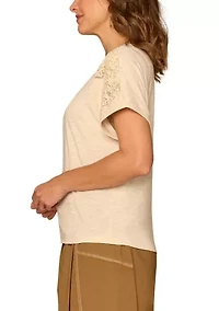 Women's Short Sleeve Scoop Neck Mixed Media Knit Top