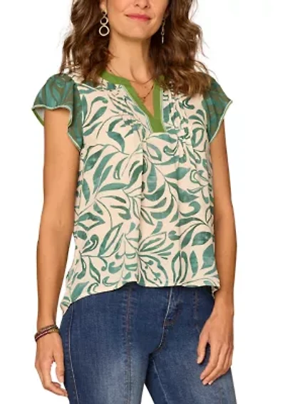 Women's Flutter Sleeve Split Neck Print Top