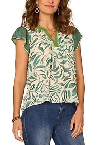 Women's Flutter Sleeve Split Neck Print Top