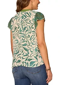 Women's Flutter Sleeve Split Neck Print Top