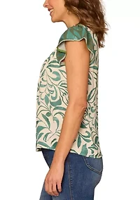 Women's Flutter Sleeve Split Neck Print Top