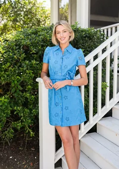 Women's Tie Waist Eyelet Shirt Dress