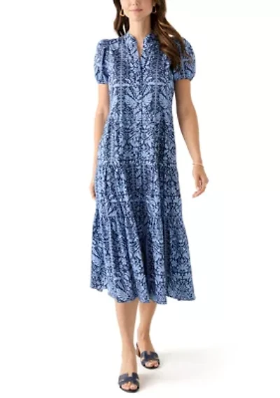 Women's Midi Poplin Printed Tiered Dress