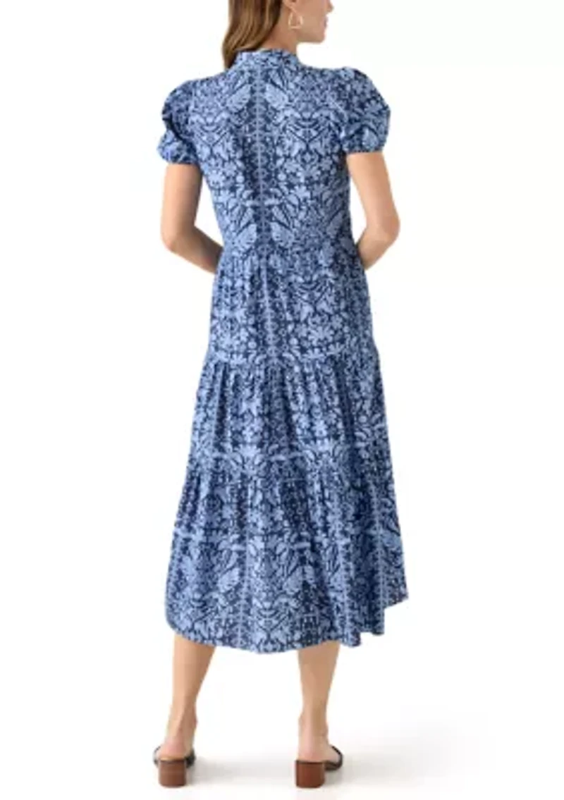 Women's Midi Poplin Printed Tiered Dress