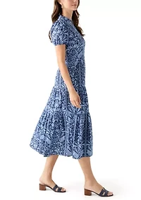 Women's Midi Poplin Printed Tiered Dress