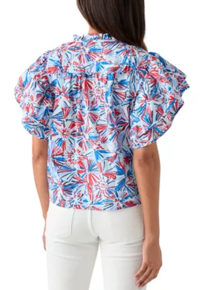 Women's Flutter Sleeve Printed Woven Top