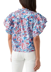 Women's Flutter Sleeve Printed Woven Top