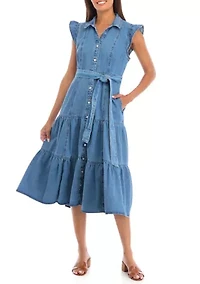 Petite Flutter Sleeve Tiered Button Up Midi Dress