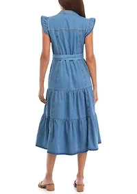 Petite Flutter Sleeve Tiered Button Up Midi Dress