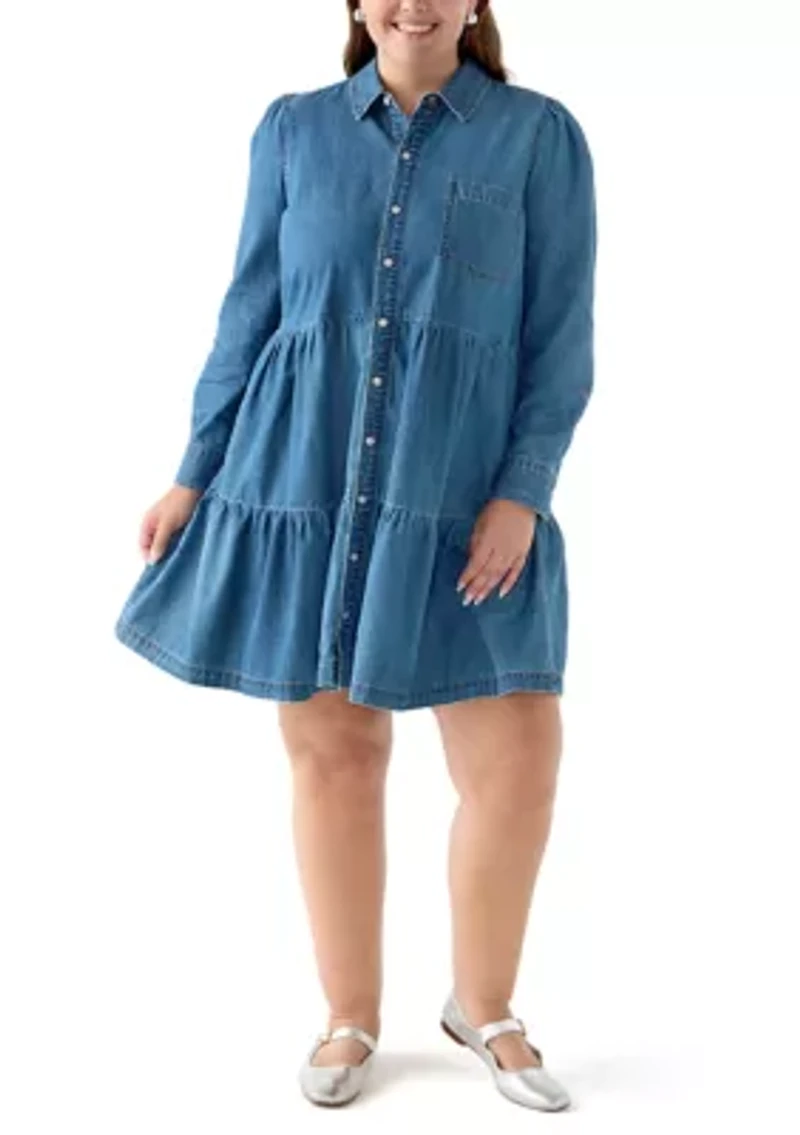 Plus Long Sleeve Button Front Denim Dress