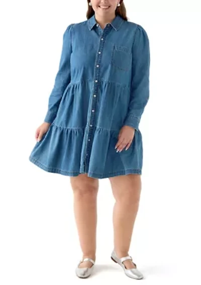 Plus Long Sleeve Button Front Denim Dress