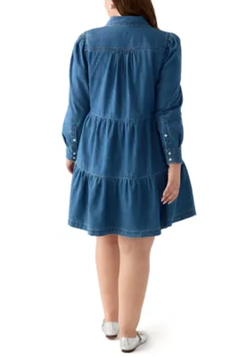 Plus Long Sleeve Button Front Denim Dress