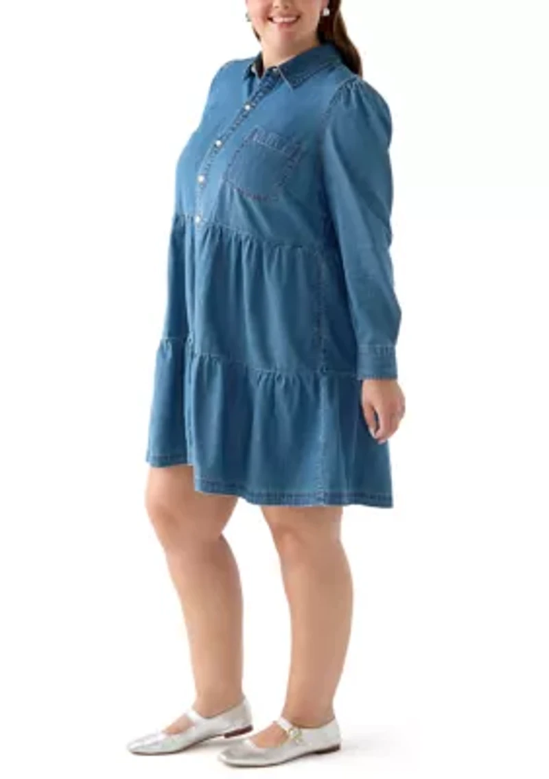 Plus Long Sleeve Button Front Denim Dress